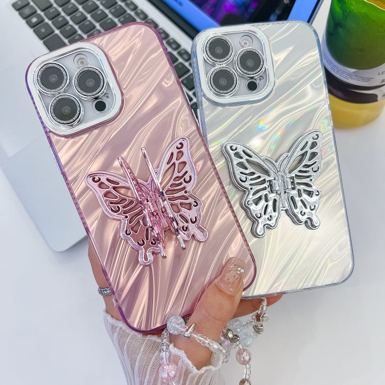 For iPhone 16 Pro Max Plating Glitter Lens Film Texture Butterfly Holder Wristband Phone Case(White Water Ripples) - iPhone 16 Pro Max Cases by PMC TechLife | Online Shopping South Africa | PMC TechLife | Buy Now Pay Later Mobicred