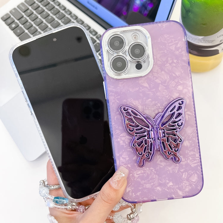 For iPhone 16 Pro Plating Glitter Lens Film Texture Butterfly Holder Wristband Phone Case(White Feathers) - iPhone 16 Pro Cases by PMC TechLife | Online Shopping South Africa | PMC TechLife | Buy Now Pay Later Mobicred