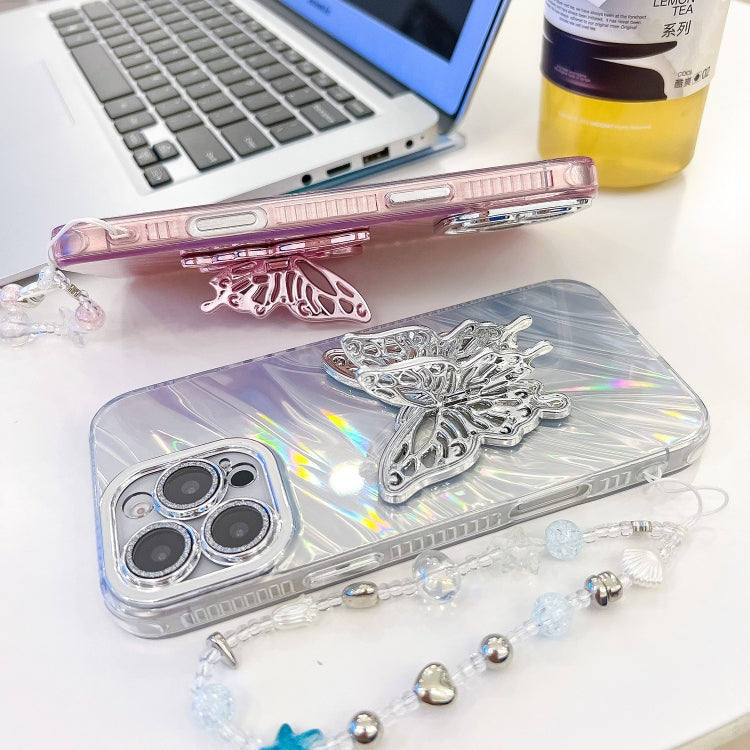 For iPhone 16e Plating Glitter Lens Film Texture Butterfly Holder Wristband Phone Case(Purple Tinfoil Texture) - free shipping - PMC TechLife - Order now!