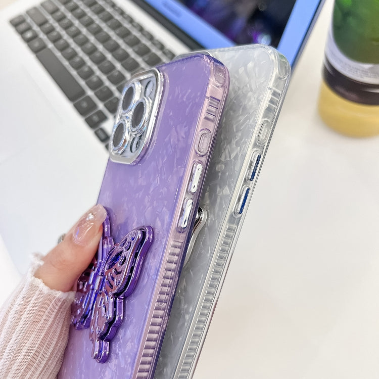 For iPhone 16e Plating Glitter Lens Film Texture Butterfly Holder Wristband Phone Case(Purple Tinfoil Texture) - free shipping - PMC TechLife - Order now!