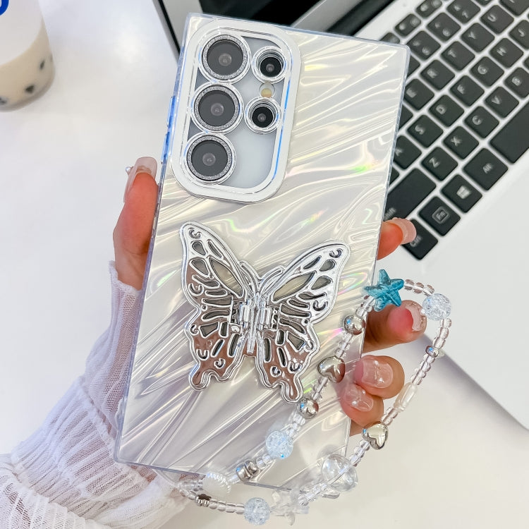 For Samsung Galaxy S25 Ultra 5G Plating Glitter Lens Film Texture Butterfly Holder Wristband Phone Case(White Water Ripples) - Galaxy S25 Ultra 5G Cases by PMC Jewellery | Online Shopping South Africa | PMC Jewellery | Buy Now Pay Later Mobicred