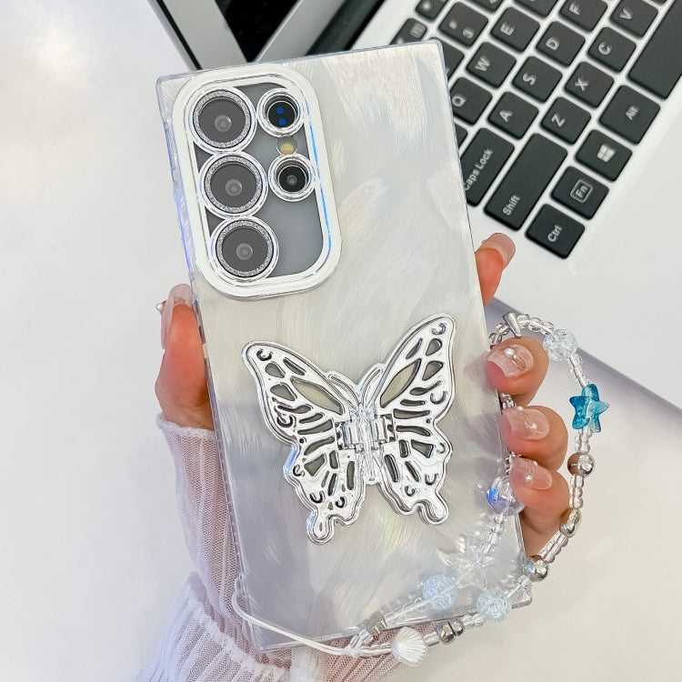 For Samsung Galaxy S25 Ultra 5G Plating Glitter Lens Film Texture Butterfly Holder Wristband Phone Case(White Feather Yarn) - Galaxy S25 Ultra 5G Cases by PMC Jewellery | Online Shopping South Africa | PMC Jewellery | Buy Now Pay Later Mobicred