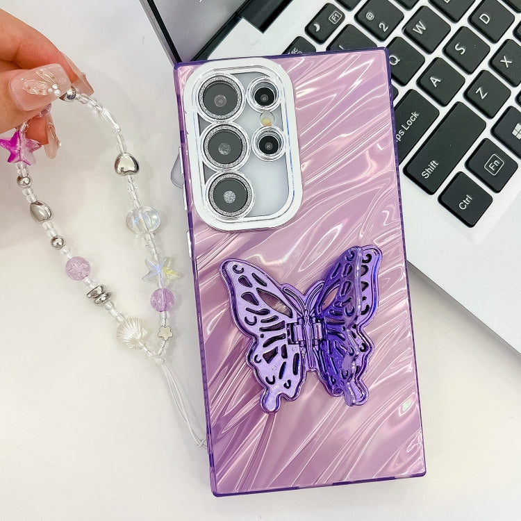 For Samsung Galaxy S25 Ultra 5G Plating Glitter Lens Film Texture Butterfly Holder Wristband Phone Case(Purple Tinfoil Texture) - Galaxy S25 Ultra 5G Cases by PMC Jewellery | Online Shopping South Africa | PMC Jewellery | Buy Now Pay Later Mobicred