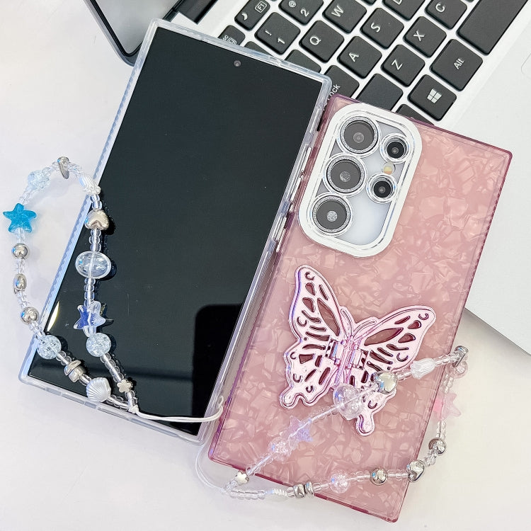 For Samsung Galaxy S25 Ultra 5G Plating Glitter Lens Film Texture Butterfly Holder Wristband Phone Case(White Water Ripples) - Galaxy S25 Ultra 5G Cases by PMC Jewellery | Online Shopping South Africa | PMC Jewellery | Buy Now Pay Later Mobicred