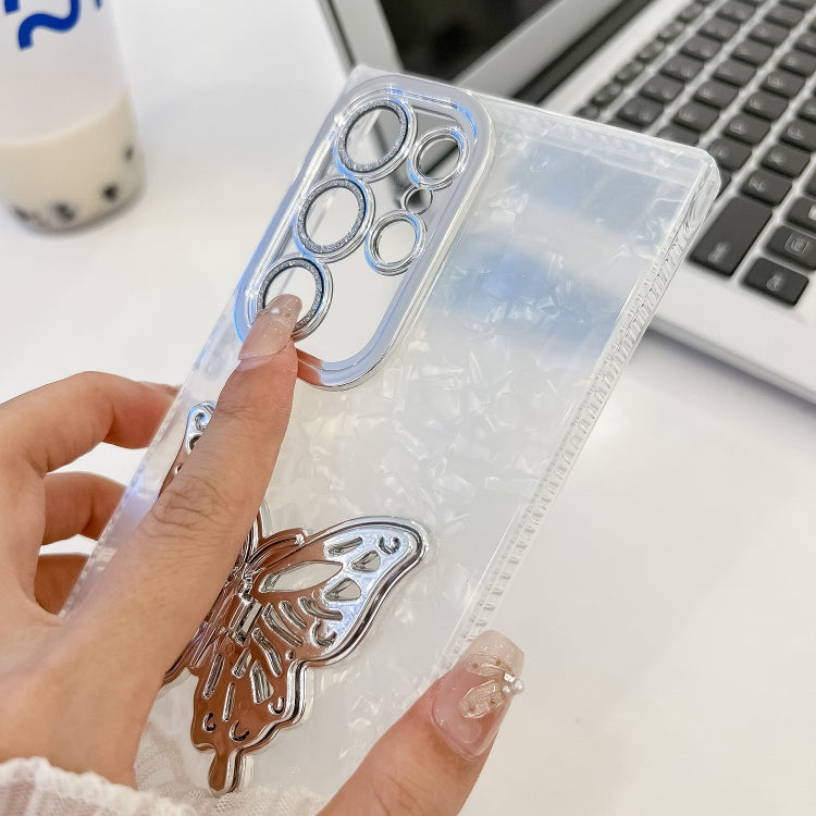 For Samsung Galaxy S25 Ultra 5G Plating Glitter Lens Film Texture Butterfly Holder Wristband Phone Case(Purple Water Ripples) - Galaxy S25 Ultra 5G Cases by PMC Jewellery | Online Shopping South Africa | PMC Jewellery | Buy Now Pay Later Mobicred