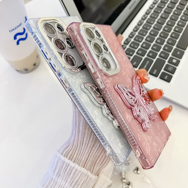 For Samsung Galaxy S25 Ultra 5G Plating Glitter Lens Film Texture Butterfly Holder Wristband Phone Case(White Shell Pattern) - Galaxy S25 Ultra 5G Cases by PMC Jewellery | Online Shopping South Africa | PMC Jewellery | Buy Now Pay Later Mobicred