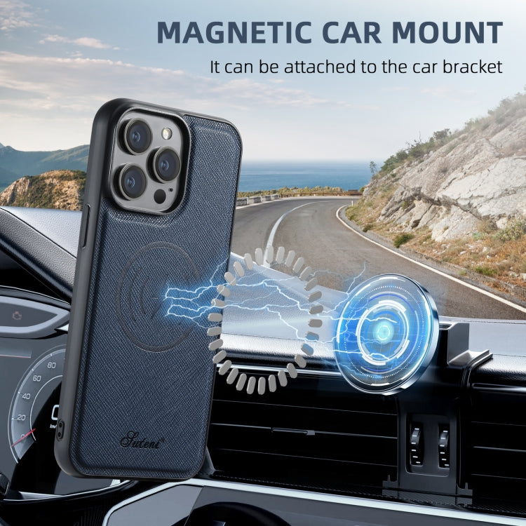 For iPhone 16 Suteni H17 Cross Grain Leather MagSafe Detachable Wallet Phone Case(Blue) - free shipping - PMC TechLife - Order now!