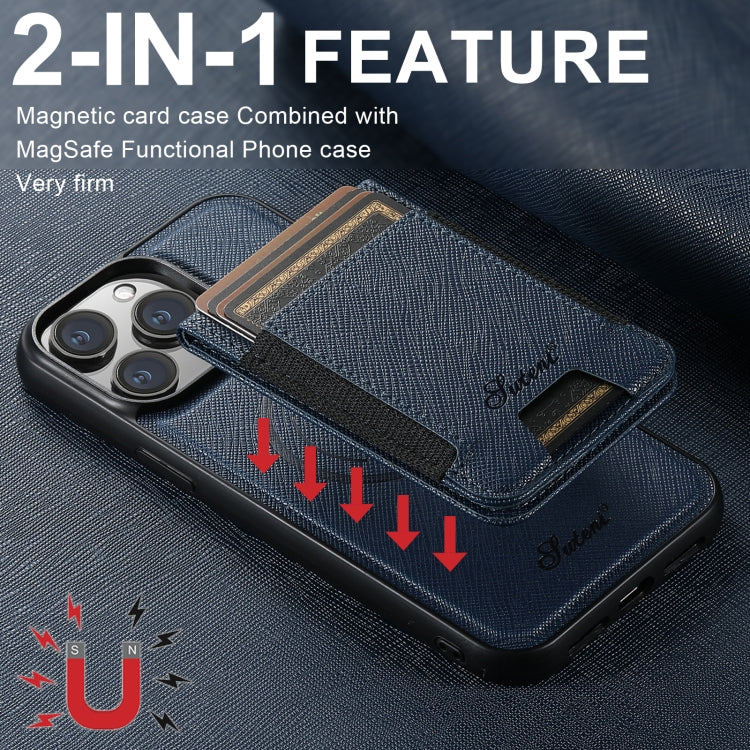 For iPhone 16 Suteni H17 Cross Grain Leather MagSafe Detachable Wallet Phone Case(Blue) - free shipping - PMC TechLife - Order now!