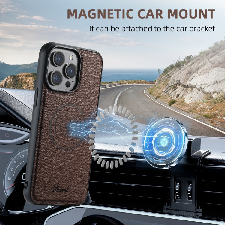 For iPhone 14 Suteni H17 Cross Grain Leather MagSafe Detachable Wallet Phone Case(Brown) - free shipping - PMC Jewellery - Order now!