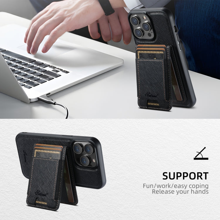 For iPhone 13 Pro Suteni H17 Cross Grain Leather MagSafe Detachable Wallet Phone Case(Black) - free shipping - PMC Jewellery - Order now!
