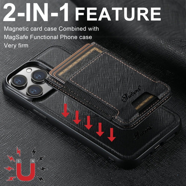 For iPhone 13 Pro Suteni H17 Cross Grain Leather MagSafe Detachable Wallet Phone Case(Black) - free shipping - PMC Jewellery - Order now!