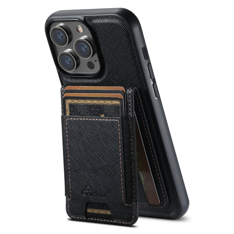 For iPhone 12 Pro Suteni H17 Cross Grain Leather MagSafe Detachable Wallet Phone Case(Black) - free shipping - PMC Jewellery - Order now!