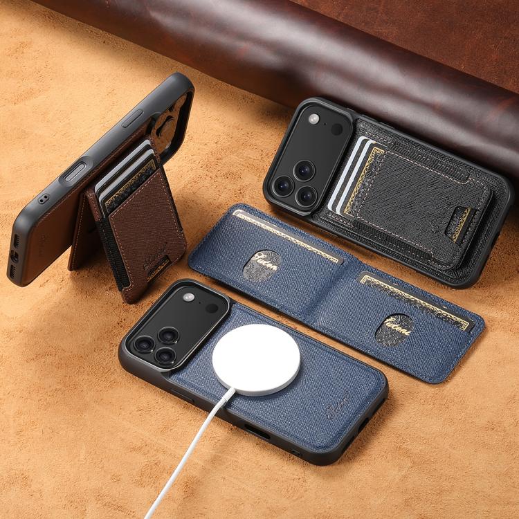 For iPhone 14 Suteni H17 Cross Grain Leather MagSafe Detachable Wallet Phone Case(Brown) - free shipping - PMC Jewellery - Order now!