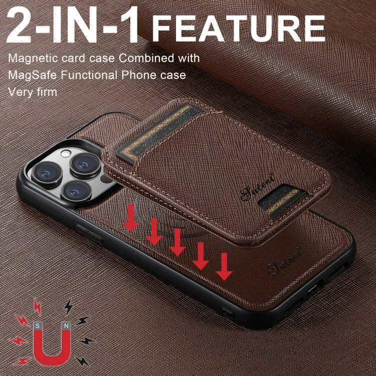 For iPhone 16 Pro Max Suteni H18 Cross Grain MagSafe Wallet Leather Phone Case(Brown) - free shipping - PMC Jewellery - Order now!