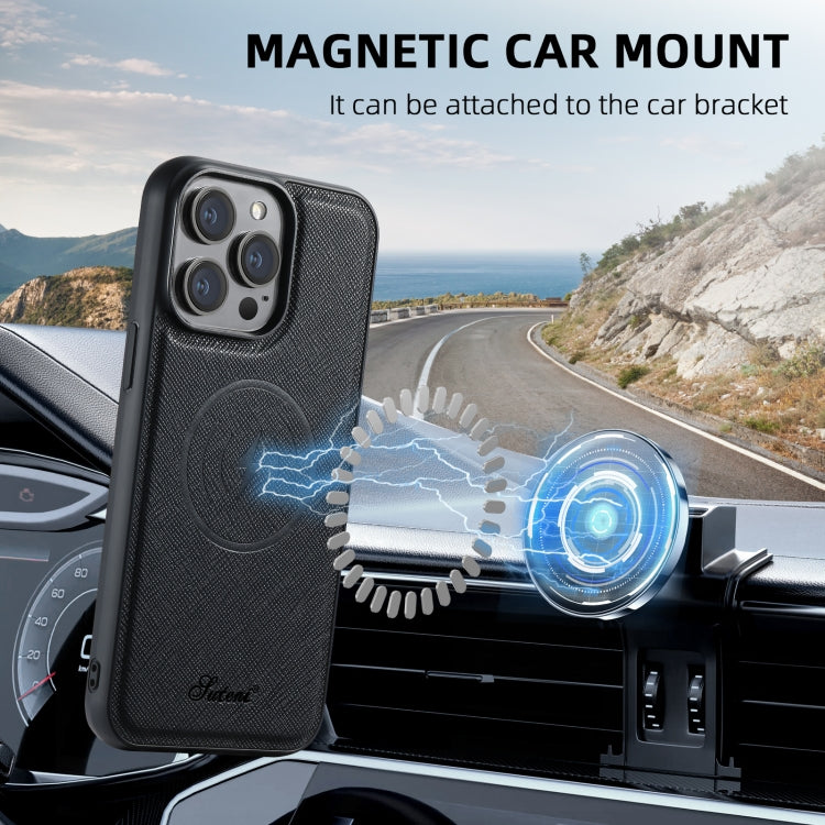 For iPhone 13 Pro Max Suteni H18 Cross Grain MagSafe Wallet Leather Phone Case(Black) - free shipping - PMC Jewellery - Order now!
