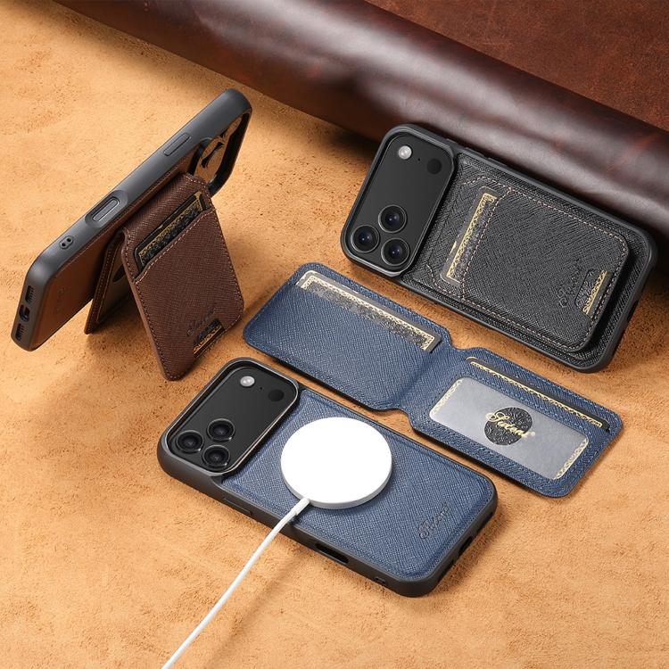 For iPhone 14 Suteni H18 Cross Grain MagSafe Wallet Leather Phone Case(Brown) - free shipping - PMC Jewellery - Order now!