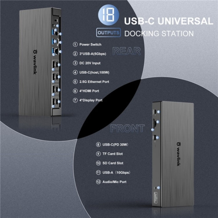 WAVLINK UG69PD8 Pro 18-in-1 DP / HD 5K Quadruple Display USB C Universal Docking Station, Plug:AU Plug - free shipping - PMc TechLife - Order now!