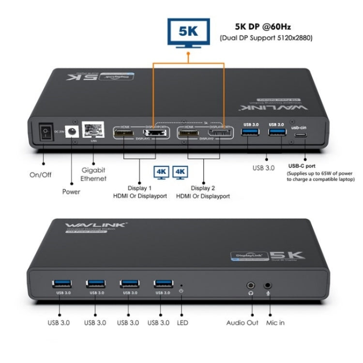 WAVLINK UG69PD6 Dual 4K Laptop Docking Station 5K HD Displaylink 65 / 100W PD Charging, Plug:UK Plug - free shipping - PMc TechLife - Order now!