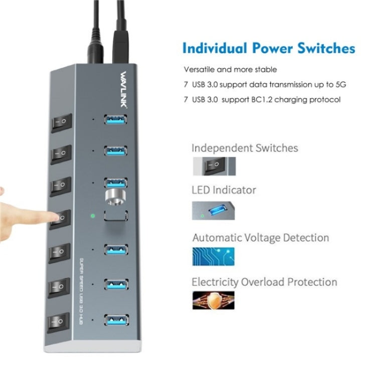 WAVLINK UH3076 5Gbps 7-port USB 3.0 Hub with Independent Switch and LED Indicator(UK Plug) - free shipping - PMC Jewellery - Order now!