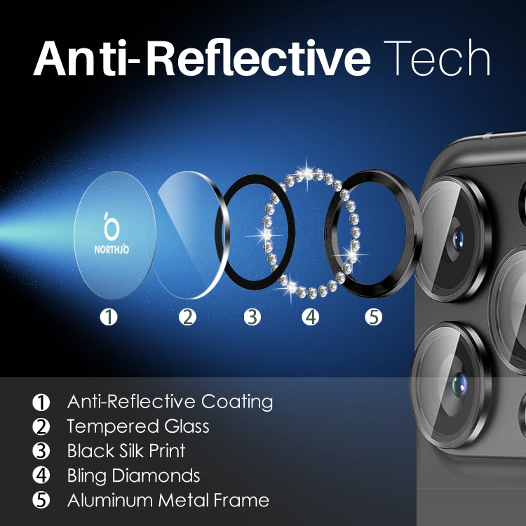 For iPhone 16 Pro / 16 Pro Max NORTHJO Rhinestone Camera Lens Protector Tempered Glass Metal Ring Film(Graphite) - free shipping - PMC Jewellery - Order now!