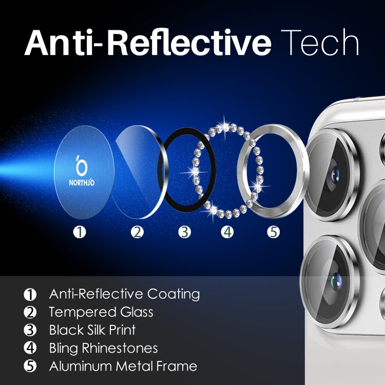 For iPhone 16 Pro / 16 Pro Max NORTHJO Rhinestone Camera Lens Protector Tempered Glass Metal Ring Film(Silver) - free shipping - PMC Jewellery - Order now!