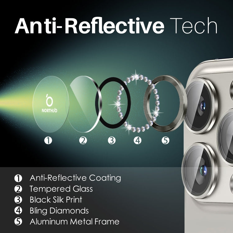 For iPhone 16 Pro / 16 Pro Max NORTHJO Rhinestone Camera Lens Protector Tempered Glass Metal Ring Film(Natural) - free shipping - PMC Jewellery - Order now!