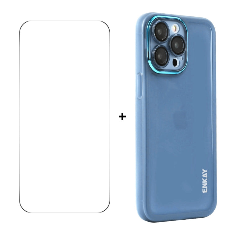 For iPhone 16 Pro ENKAY Hat-Prince Translucent Matte TPU Phone Case with Lens Film + 9H Big Arc Edge Film(Blue) - free shipping - PMC Jewellery - Order now!