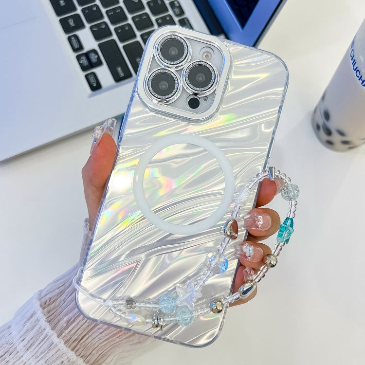 For iPhone 16 Pro Max Plating Texture Wristband MagSafe TPU Phone Case with Glitter Lens Film(White Water Ripples) - free shipping - PMC Jewellery - Order now!