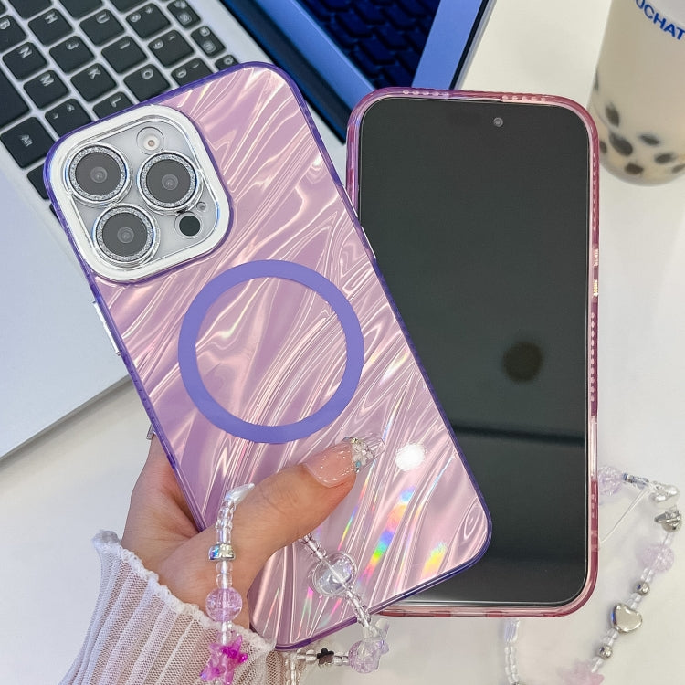 For iPhone 16 Pro Max Plating Texture Wristband MagSafe TPU Phone Case with Glitter Lens Film(White Water Ripples) - free shipping - PMC Jewellery - Order now!