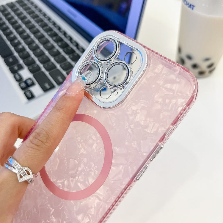 For iPhone 16 Plus Plating Texture Wristband MagSafe TPU Phone Case with Glitter Lens Film(White Shell Pattern) - free shipping - PMC Jewellery - Order now!