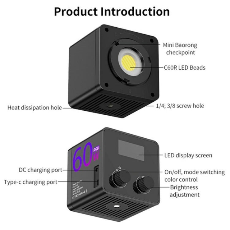 C60R 60W RGB Stage Lamp Professional Video Photography COB Fill Light With 8 Batteries, Plug:UK Plug - Selfie Light by PMC TechLife | Online Shopping South Africa | PMC TechLife | Buy Now Pay Later Mobicred