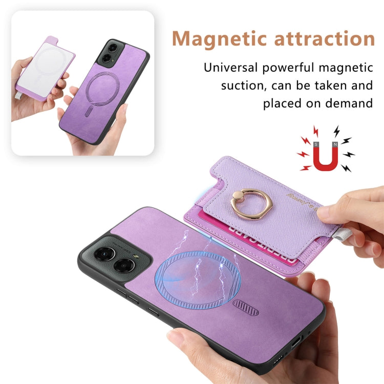 For Motorola Moto G 5G 2024 Retro Magsafe Cross Leather Ring Holder Card Bag Phone Case(Purple) - Motorola Cases by PMC Jewellery | Online Shopping South Africa | PMC Jewellery | Buy Now Pay Later Mobicred