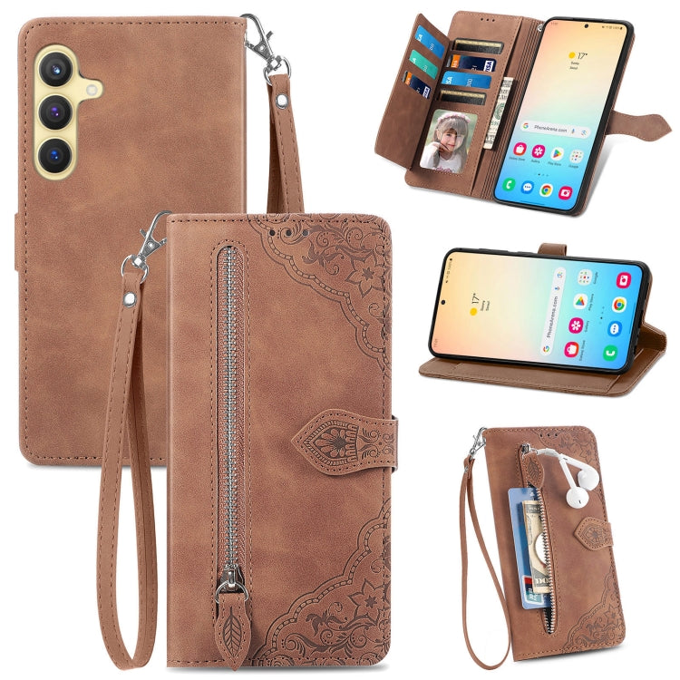 For Samsung Galaxy S25 5G Embossed Flower Zipper Leather Phone Case(Brown) - Galaxy S25 5G Cases by PMC TechLife | Online Shopping South Africa | PMC TechLife | Buy Now Pay Later Mobicred