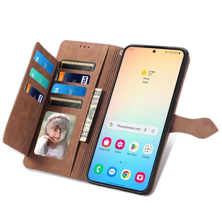 For Samsung Galaxy S25 5G Embossed Flower Zipper Leather Phone Case(Brown) - Galaxy S25 5G Cases by PMC TechLife | Online Shopping South Africa | PMC TechLife | Buy Now Pay Later Mobicred