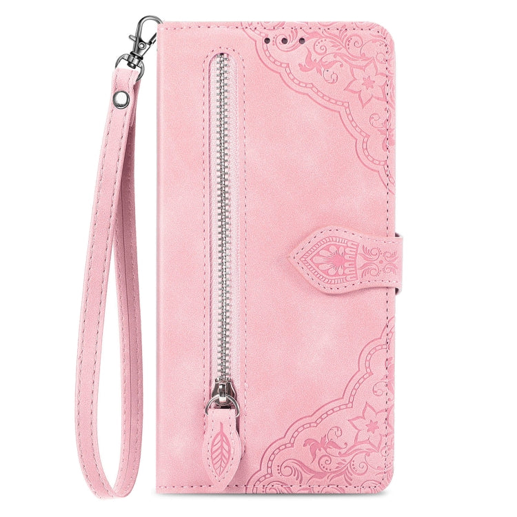 For Samsung Galaxy S25+ 5G Embossed Flower Zipper Leather Phone Case(Pink) - Galaxy S25+ 5G Cases by PMC TechLife | Online Shopping South Africa | PMC TechLife | Buy Now Pay Later Mobicred