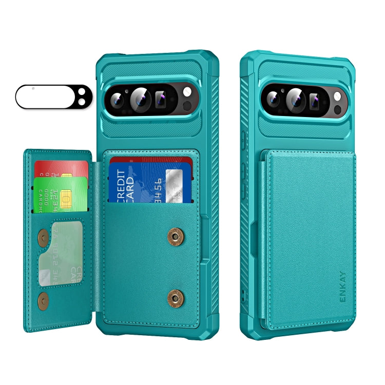 For Google Pixel 9 / 9 Pro ENKAY Hat-Prince Card Slot Wallet TPU Back Leather Phone Case with Lens Film(Cyan) - free shipping - PMC TechLife - Order now!