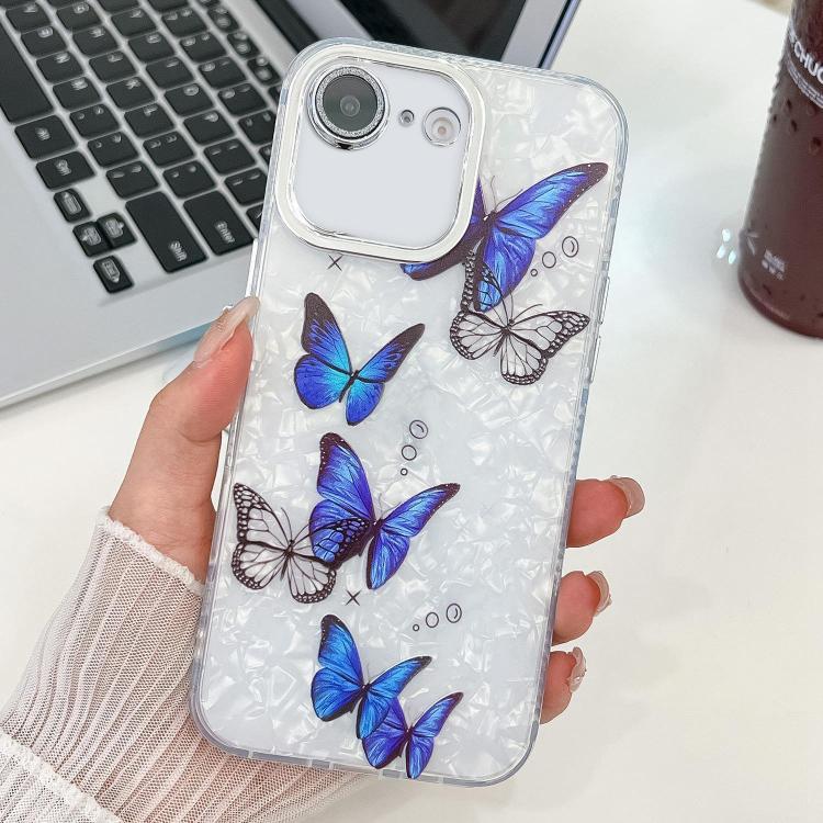 For iPhone 16e Plating Texture Butterfly TPU Phone Case with Glitter Lens Film(Blue Butterflies HU3) - iPhone 16e Cases by PMC TechLife | Online Shopping South Africa | PMC TechLife | Buy Now Pay Later Mobicred