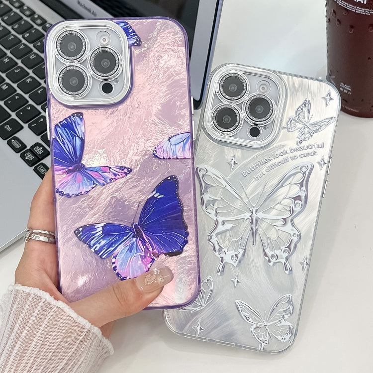 For iPhone 16e Plating Texture Butterfly TPU Phone Case with Glitter Lens Film(Flowers Butterflies HU1) - iPhone 16e Cases by PMC TechLife | Online Shopping South Africa | PMC TechLife | Buy Now Pay Later Mobicred