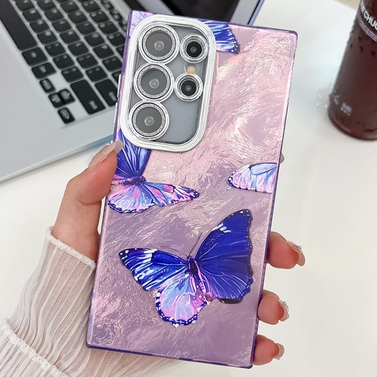 For Samsung Galaxy S25 Ultra 5G Plating Texture Butterfly TPU Phone Case with Glitter Lens Film(Purple Butterflies HU4) - Galaxy S25 Ultra 5G Cases by PMC Jewellery | Online Shopping South Africa | PMC Jewellery | Buy Now Pay Later Mobicred