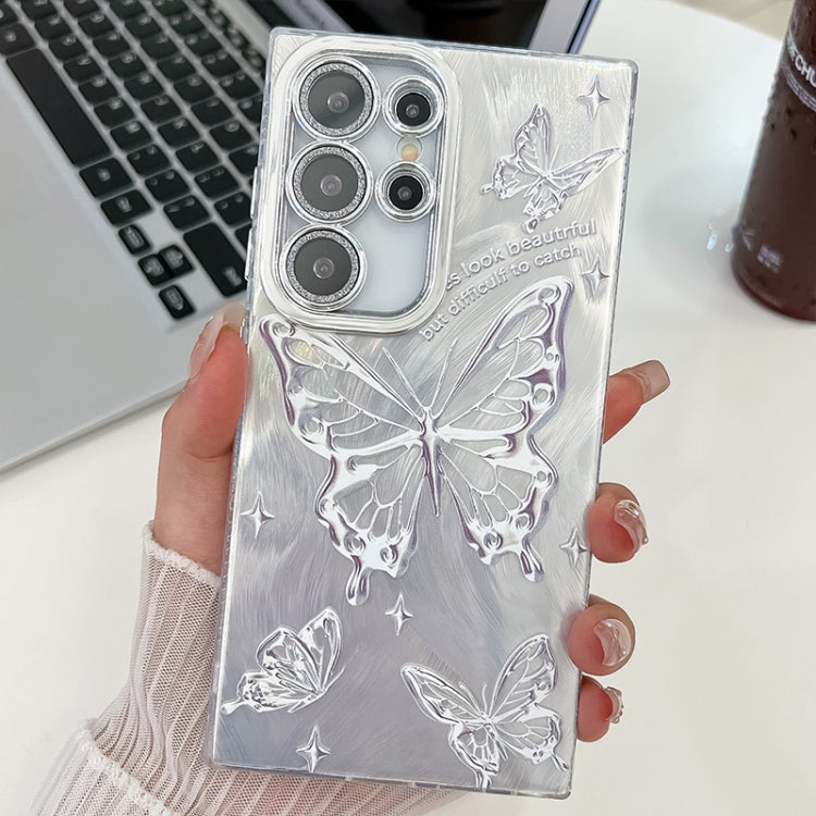 For Samsung Galaxy S25 Ultra 5G Plating Texture Butterfly TPU Phone Case with Glitter Lens Film(Silver Butterflies HU6) - Galaxy S25 Ultra 5G Cases by PMC Jewellery | Online Shopping South Africa | PMC Jewellery | Buy Now Pay Later Mobicred