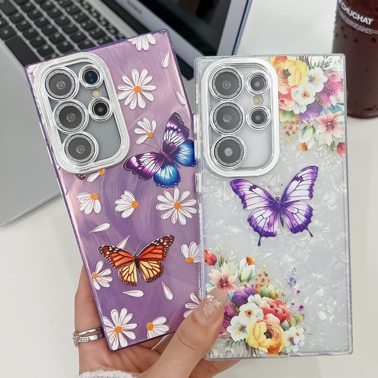 For Samsung Galaxy S25 Ultra 5G Plating Texture Butterfly TPU Phone Case with Glitter Lens Film(Daisy Butterflies HU2) - Galaxy S25 Ultra 5G Cases by PMC Jewellery | Online Shopping South Africa | PMC Jewellery | Buy Now Pay Later Mobicred