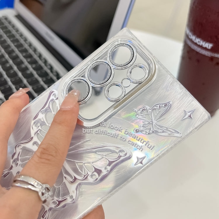 For Samsung Galaxy S25 Ultra 5G Plating Texture Butterfly TPU Phone Case with Glitter Lens Film(Blue Butterflies HU3) - Galaxy S25 Ultra 5G Cases by PMC Jewellery | Online Shopping South Africa | PMC Jewellery | Buy Now Pay Later Mobicred