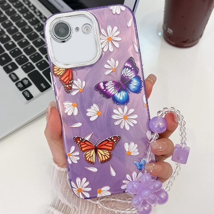For iPhone 16e Plating Texture Butterfly Wristband TPU Phone Case with Glitter Lens Film(Daisy Butterflies HU2) - iPhone 16e Cases by PMC TechLife | Online Shopping South Africa | PMC TechLife | Buy Now Pay Later Mobicred