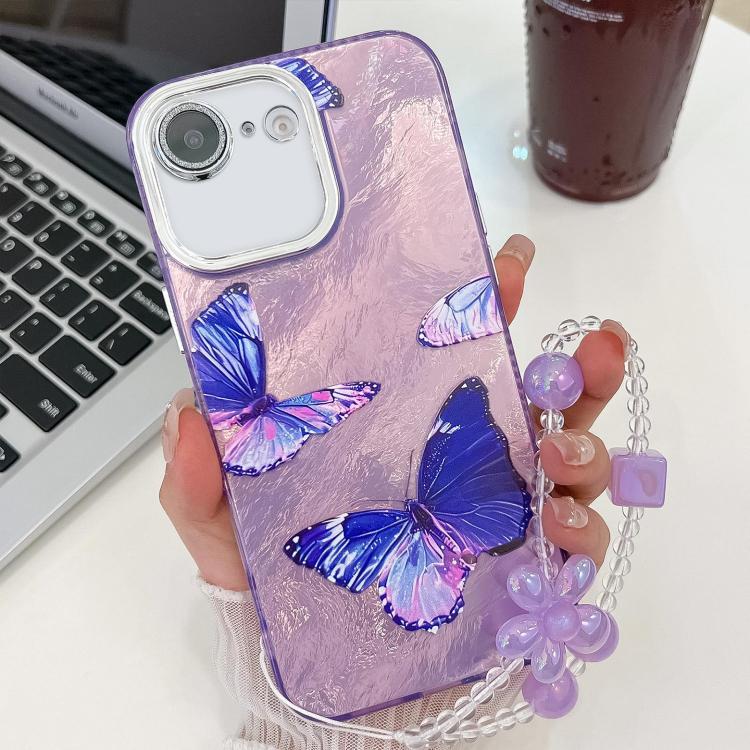 For iPhone 16e Plating Texture Butterfly Wristband TPU Phone Case with Glitter Lens Film(Purple Butterflies HU4) - iPhone 16e Cases by PMC TechLife | Online Shopping South Africa | PMC TechLife | Buy Now Pay Later Mobicred
