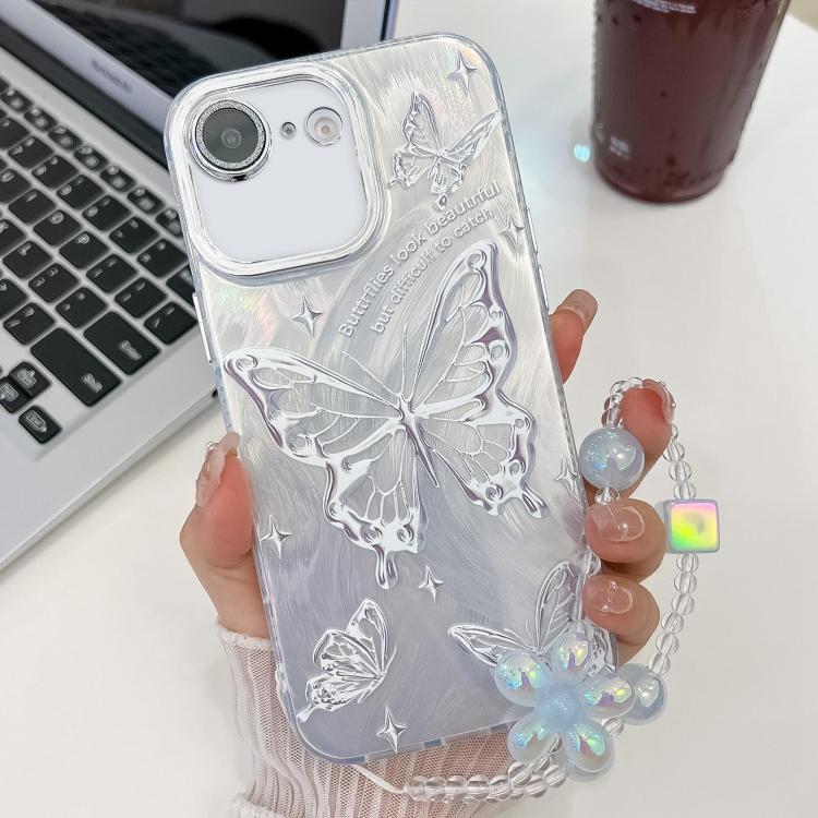 For iPhone 16e Plating Texture Butterfly Wristband TPU Phone Case with Glitter Lens Film(Silver Butterflies HU6) - iPhone 16e Cases by PMC TechLife | Online Shopping South Africa | PMC TechLife | Buy Now Pay Later Mobicred
