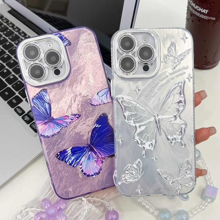 For iPhone 16e Plating Texture Butterfly Wristband TPU Phone Case with Glitter Lens Film(Blue Butterflies HU3) - free shipping - PMC TechLife - Order now!