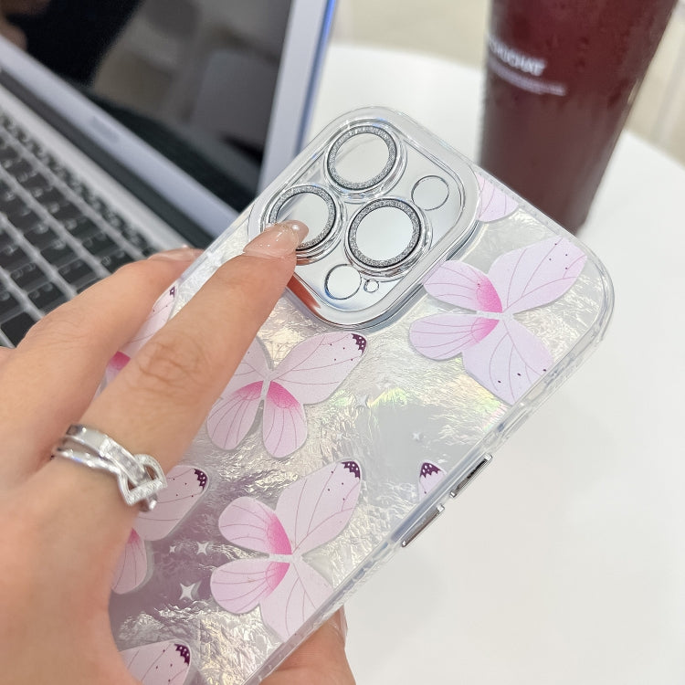 For iPhone 16e Plating Texture Butterfly Wristband TPU Phone Case with Glitter Lens Film(Purple Butterflies HU4) - iPhone 16e Cases by PMC TechLife | Online Shopping South Africa | PMC TechLife | Buy Now Pay Later Mobicred