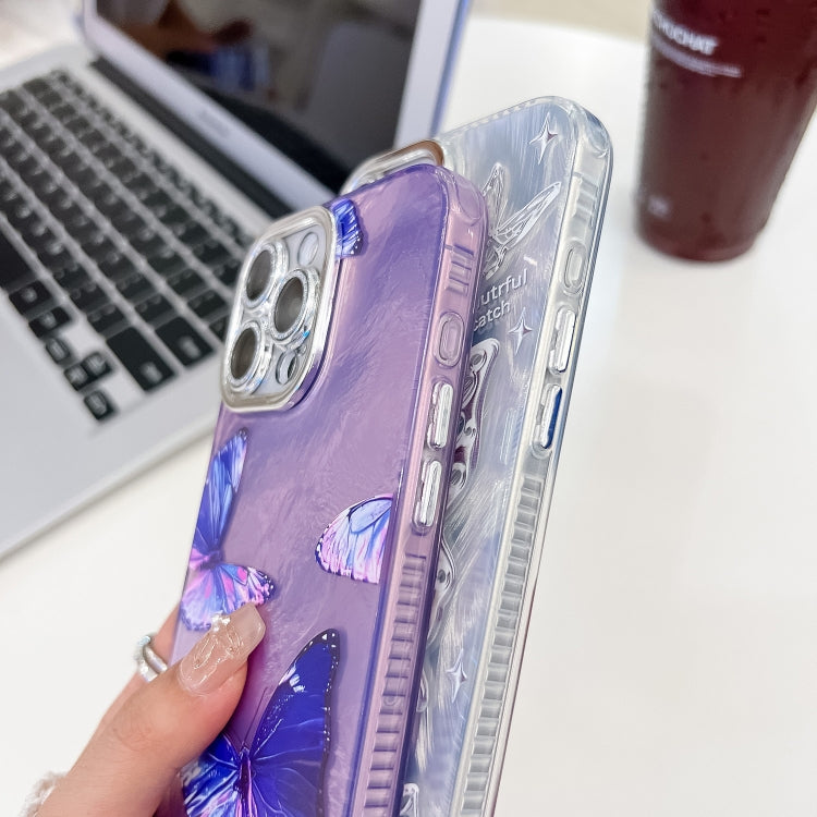 For iPhone 16e Plating Texture Butterfly Wristband TPU Phone Case with Glitter Lens Film(Purple Butterflies HU4) - iPhone 16e Cases by PMC TechLife | Online Shopping South Africa | PMC TechLife | Buy Now Pay Later Mobicred