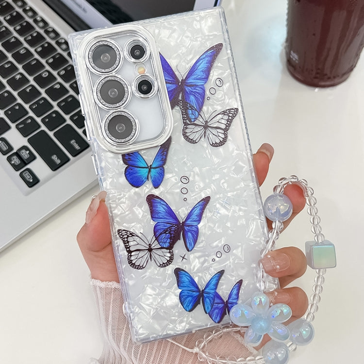 For Samsung Galaxy S25 Ultra 5G Plating Texture Butterfly Wristband TPU Phone Case with Glitter Lens Film(Blue Butterflies HU3) - Galaxy S25 Ultra 5G Cases by PMC Jewellery | Online Shopping South Africa | PMC Jewellery | Buy Now Pay Later Mobicred