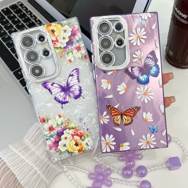 For Samsung Galaxy S25 Ultra 5G Plating Texture Butterfly Wristband TPU Phone Case with Glitter Lens Film(Blue Butterflies HU3) - Galaxy S25 Ultra 5G Cases by PMC Jewellery | Online Shopping South Africa | PMC Jewellery | Buy Now Pay Later Mobicred